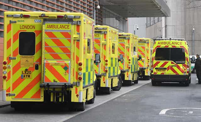 A queue of ambulances outside a London hospital.