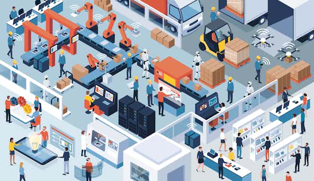 A vector illustration of workers in a factory working together
