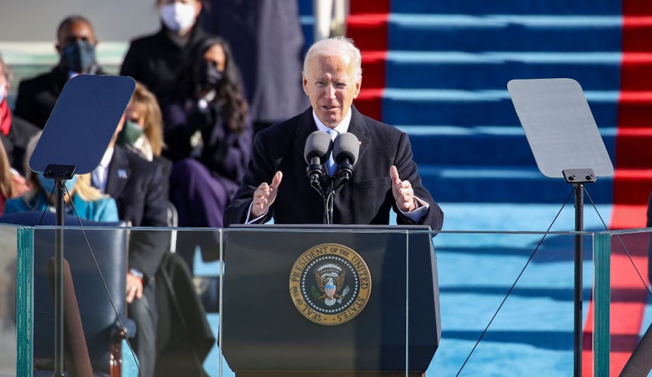 Joe Biden pendant son discours d'investiture le 20 janvier 2021 à Washington.