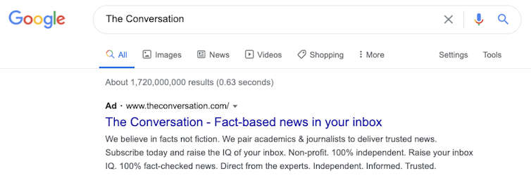 A Google Search result showing an ad for The Conversation ahead of any search results.