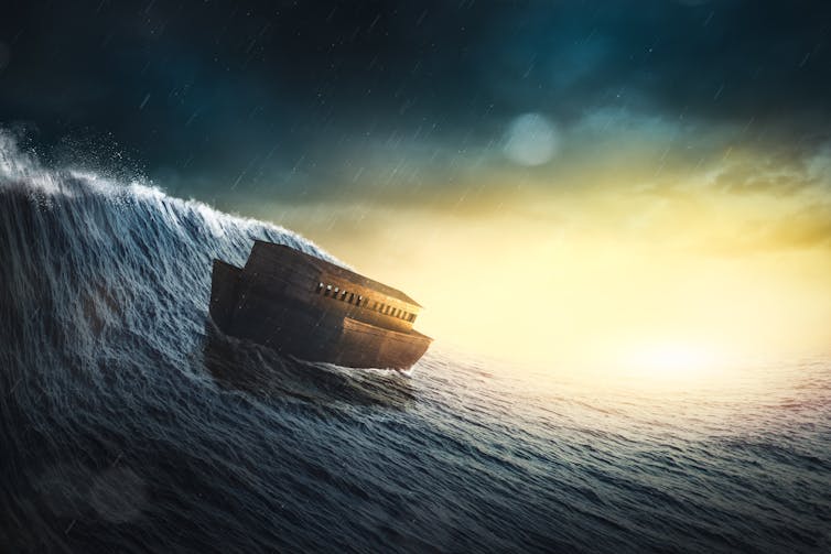 An illustration of Noah's Ark riding a huge wave.