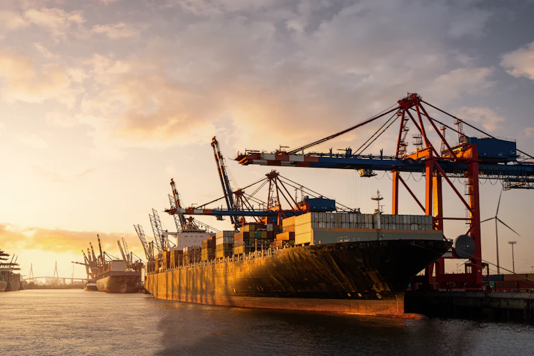 shipping port at sunset