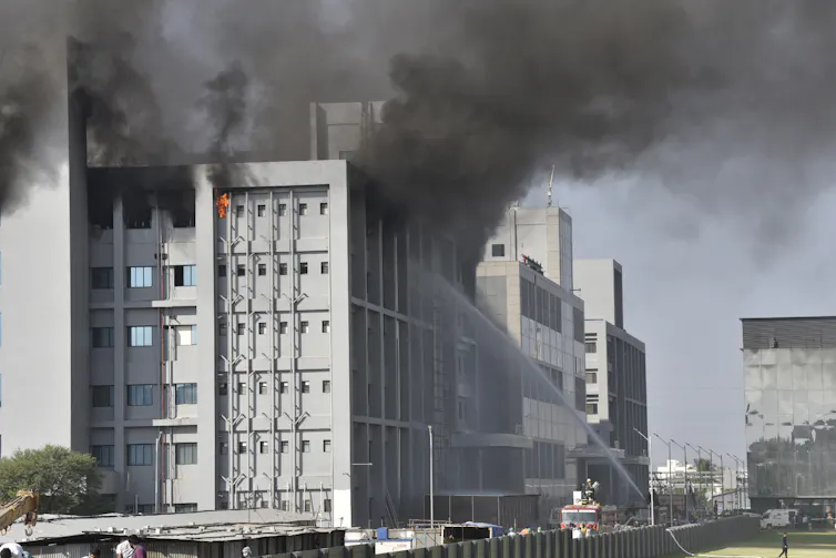 Firefighters tackling the blaze at the Serum Institute's facilities in Pune, India.