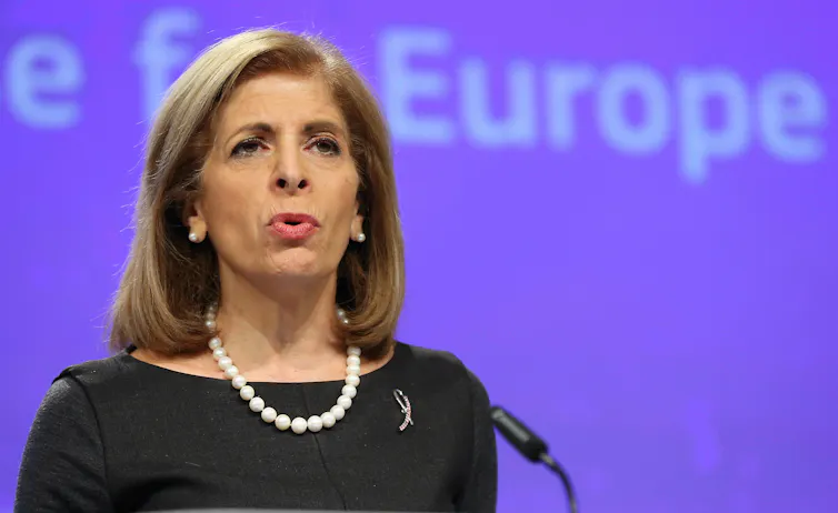 European health commissioner Stella Kyriakides speaking at a media conference