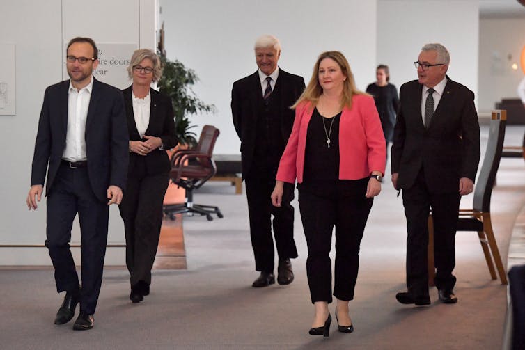 The lower house crossbench arrive for a press conference in June 2020.