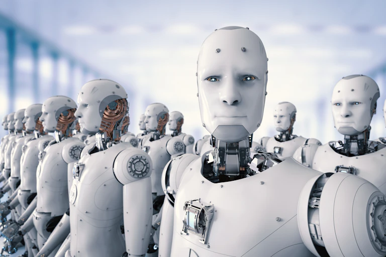 Ranks of sinister-looking robot warriors, one staring directly at the camera.