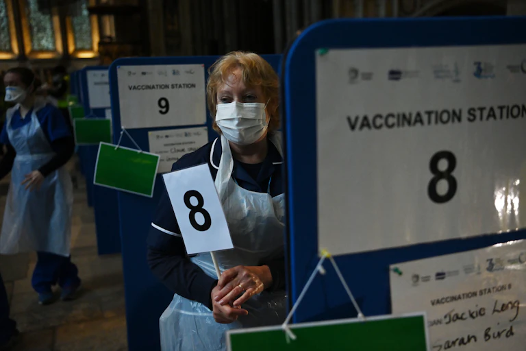 A COVID vaccine centre in Salisbury Cathedral in Salisbury, England.