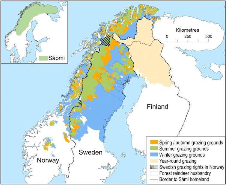 A map depicting the different seasonal grazing grounds for reindeer in Scandinavia.