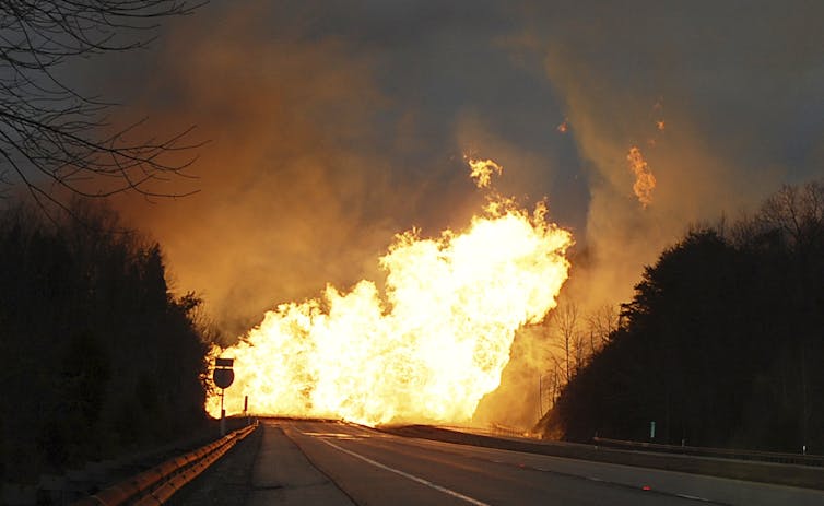 Flames on the interstate highway. Appalachian Gas Pipelines