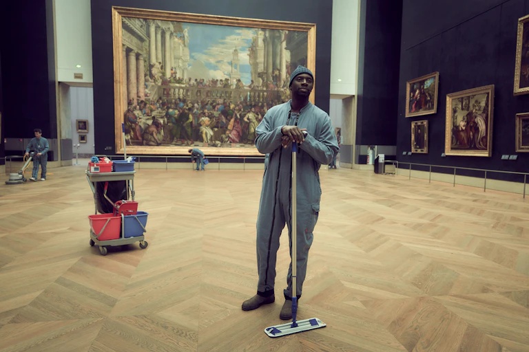 Man cleaning gallery floor.