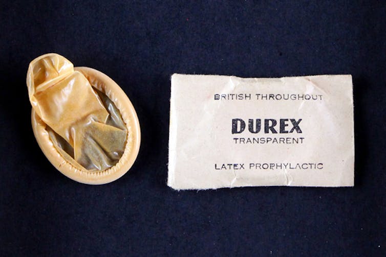 Historic Durex rolled condom and packaging