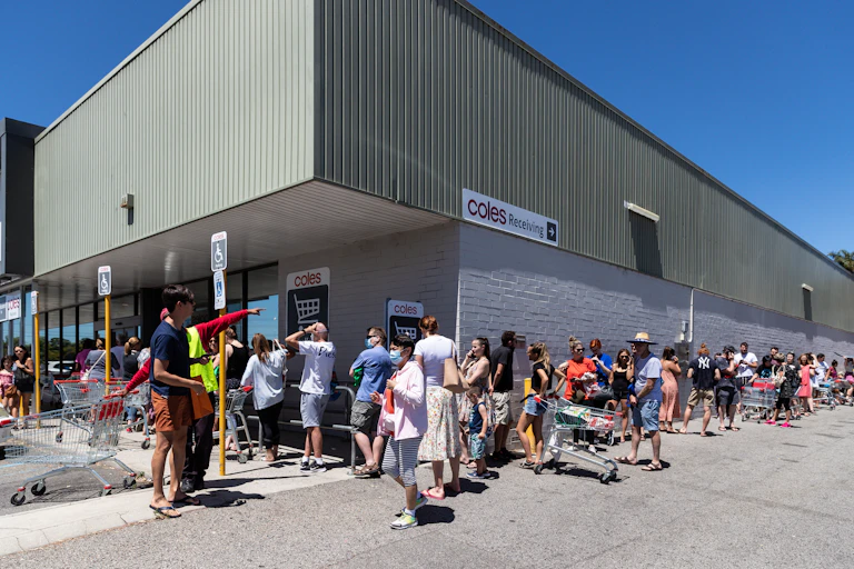 A queue outside Coles in the Perth suburb of Maylands, one of the potential COVID exposure sites, on Sunday, January 31, 2021.