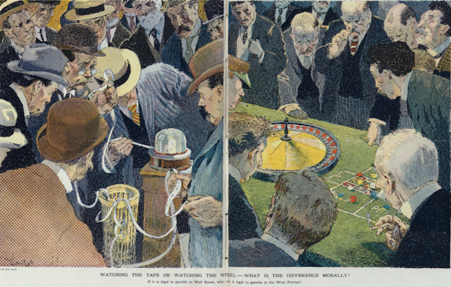 Illustration shows a two panel cartoon, on the left, anxious businessmen are gathered around a ticker tape machine, reading the ticker tape; and on the right, anxious gamblers are gathered around a roulette wheel, awaiting the outcome.