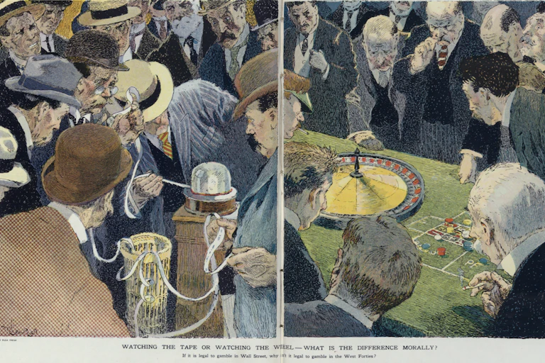Illustration shows a two panel cartoon, on the left, anxious businessmen are gathered around a ticker tape machine, reading the ticker tape; and on the right, anxious gamblers are gathered around a roulette wheel, awaiting the outcome.