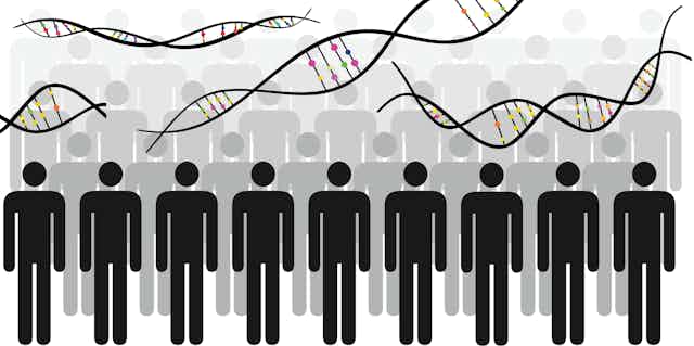 Illustration of DNA chains and a group of people.