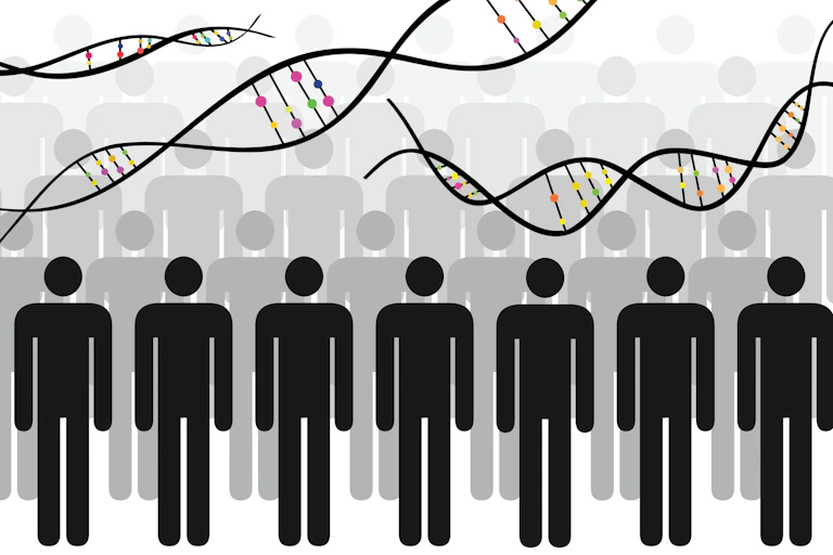 Illustration of DNA chains and a group of people.
