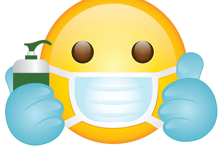 An emoji wearing a mask and surgical gloves, holding a bottle of hand sanitiser and giving the thumbs up