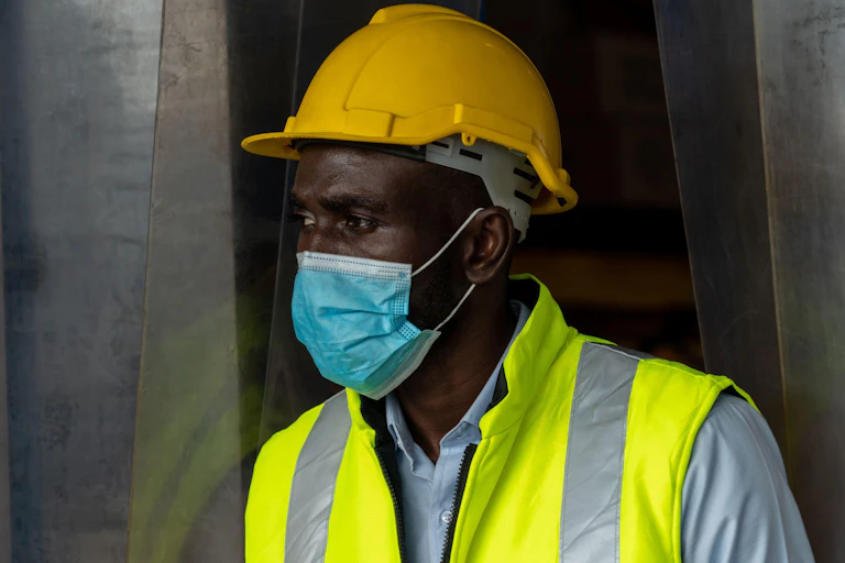 Factory industry worker working with face mask to prevent Covid-19 Coronavirus spreading during job reopening period .