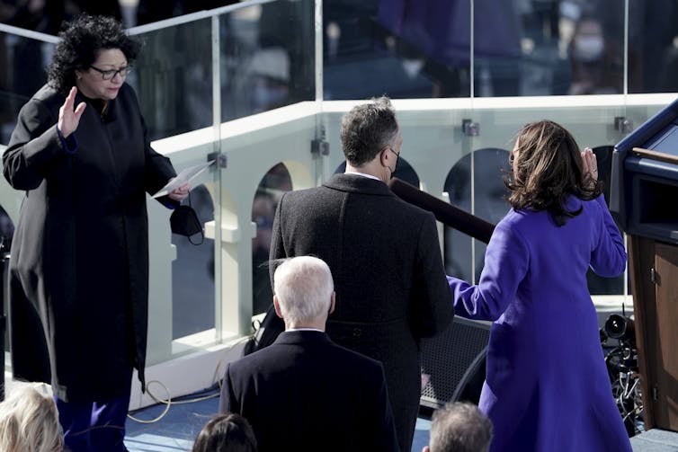Kamala Harris takes the oath of office for vice president on Jan. 20.