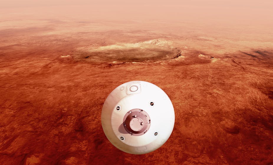 Artist illustration of NASA rover landing on Mars. 