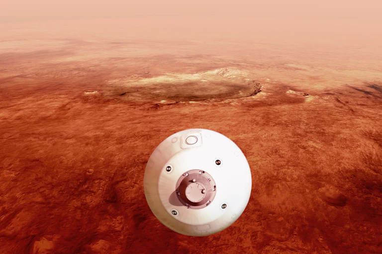 Artist illustration of NASA rover landing on Mars.