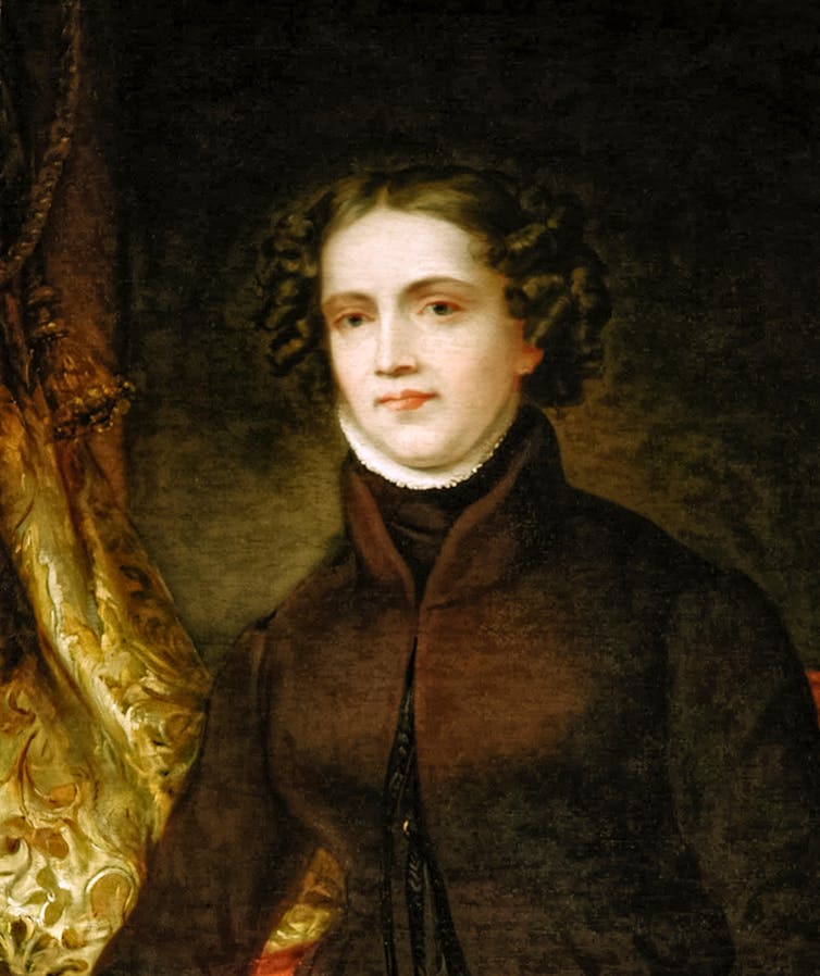 18th century portrait of a woman with dark curly hair and a black high-neck jacket