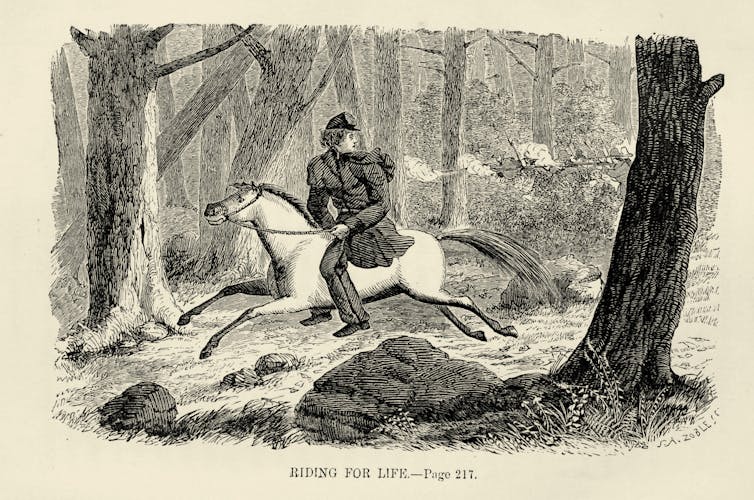 Engraving of a person riding a horse through trees