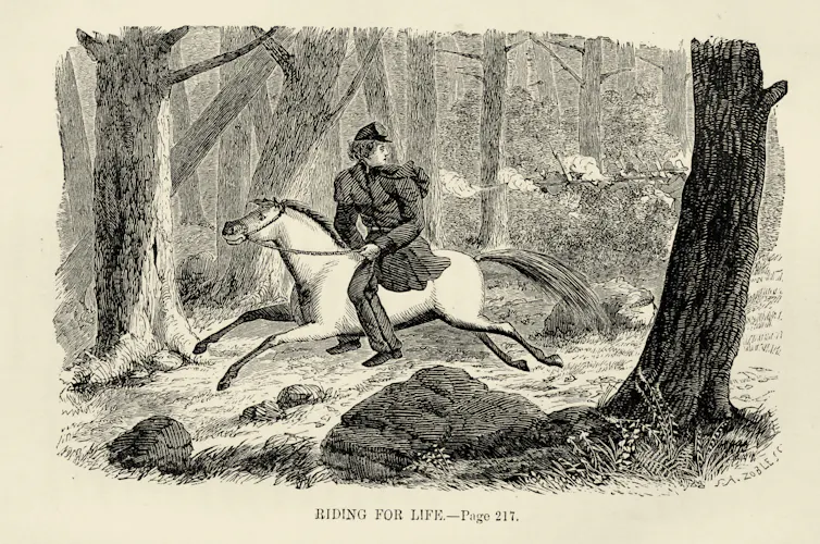 Engraving of a person riding a horse through trees