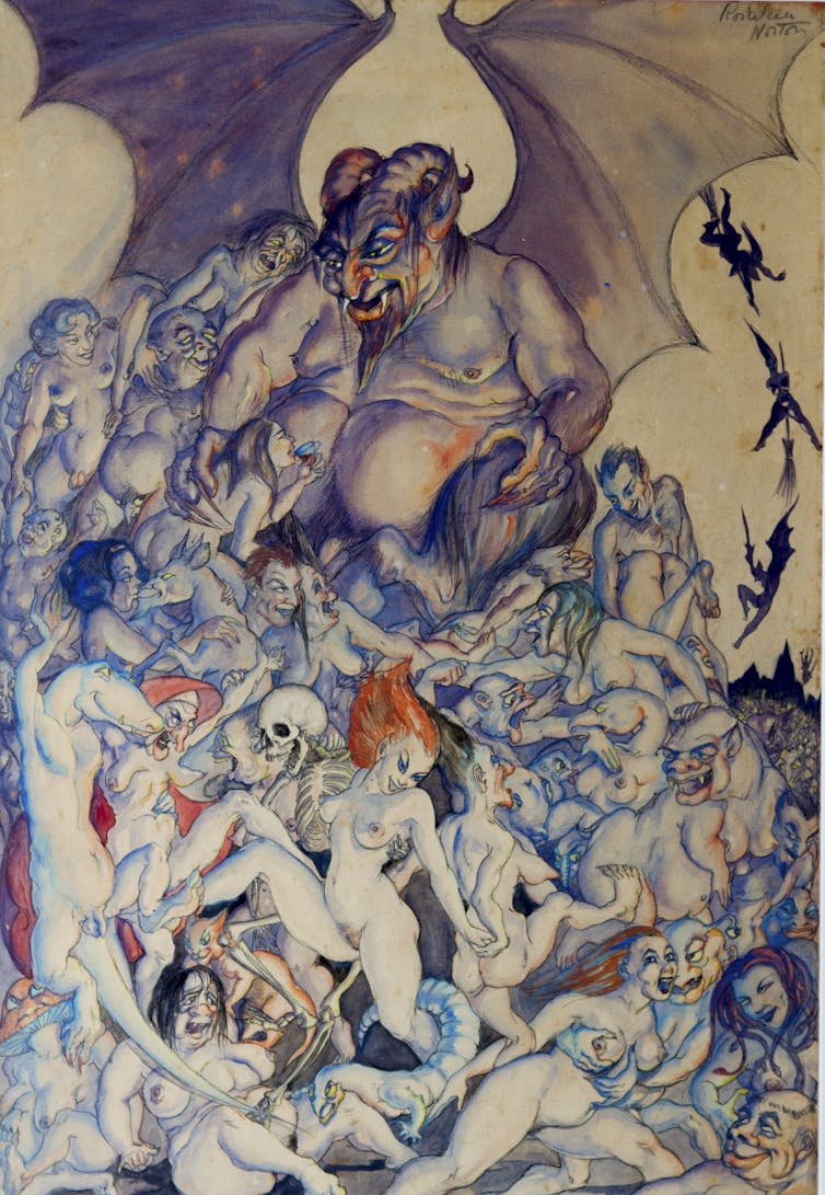 A colour drawing. A fat male god with bat wings sits over a writhing mass of naked bodies.