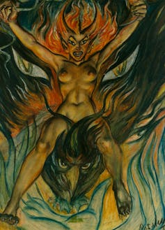 A naked woman with hair of flames rides a firebird.