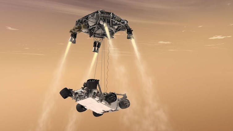 The Curiosity rover lowered to Mars.