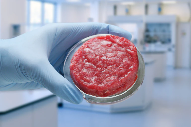 Una mano enguantada exhibe una muestra de carne artificial en un laboratorio.