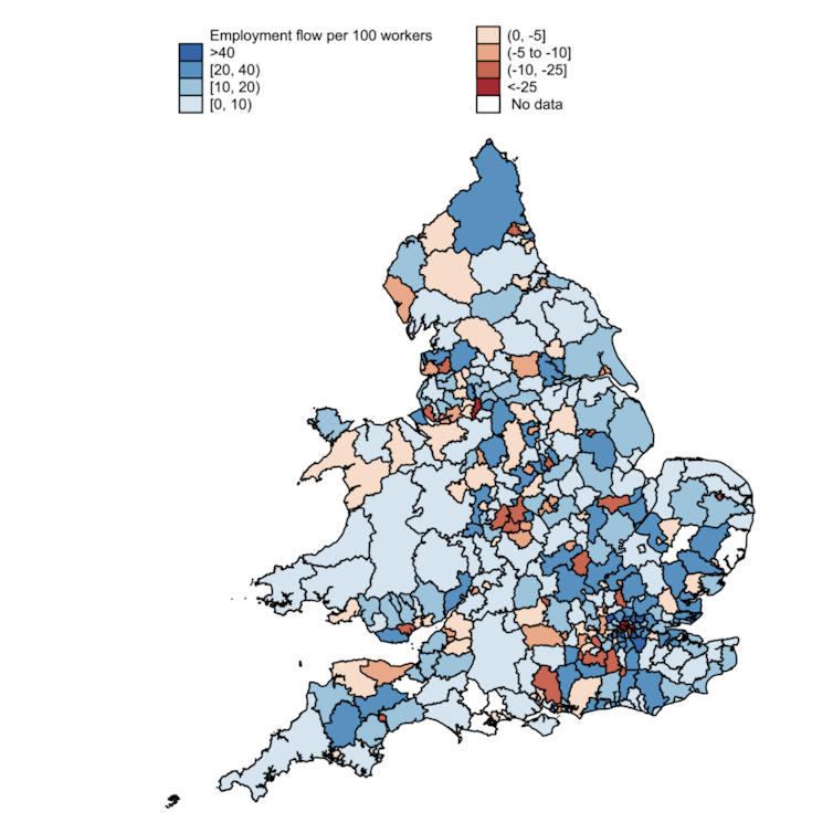 Gráfico que muestra qué áreas de Inglaterra ganarán y perderán con el trabajo remoto
