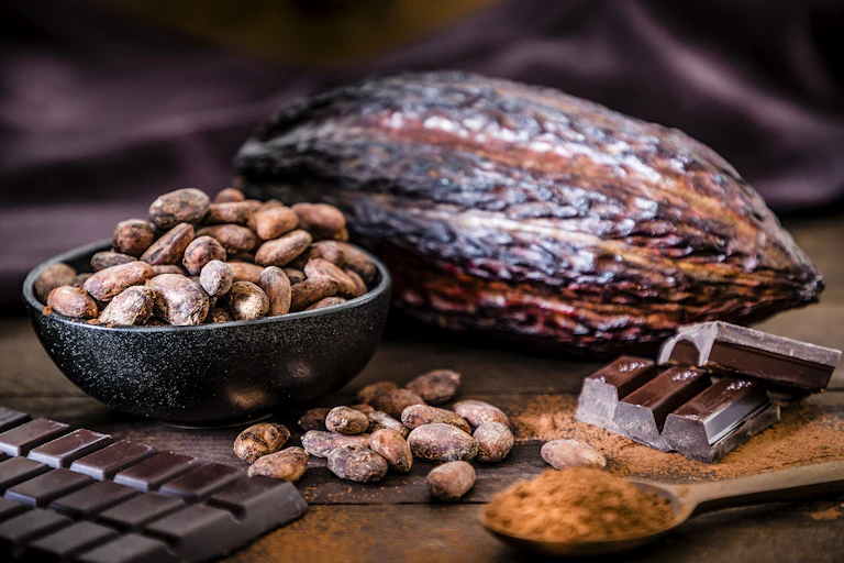 Chocolate bar, cocoa powder, cocoa beans and cocoa pod grouped together on a wooden table.