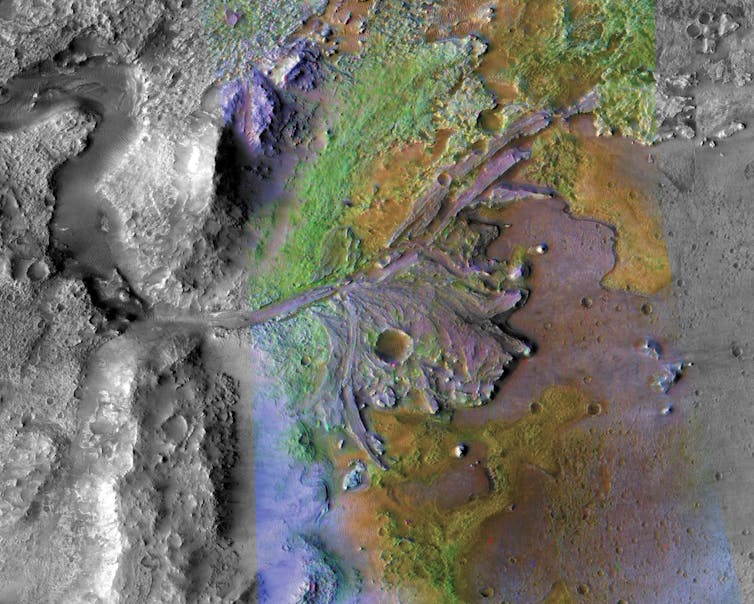 A topographic, top down photo with colors showing the ancient river delta in the Jezero Crater