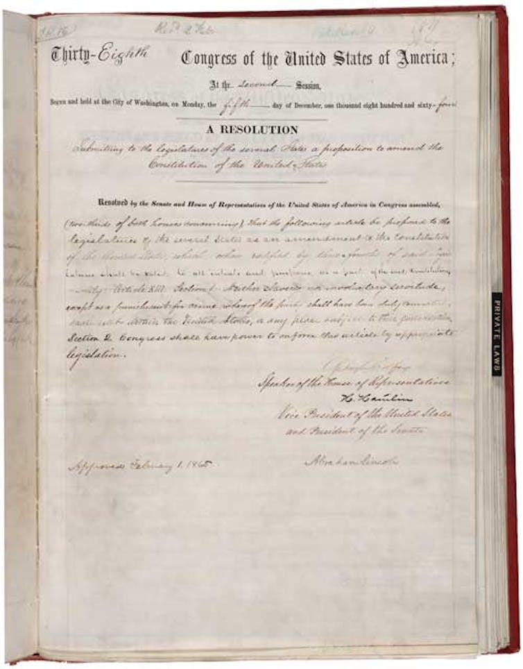 The House joint resolution in favor of the 13th Amendment, which abolished slavery.