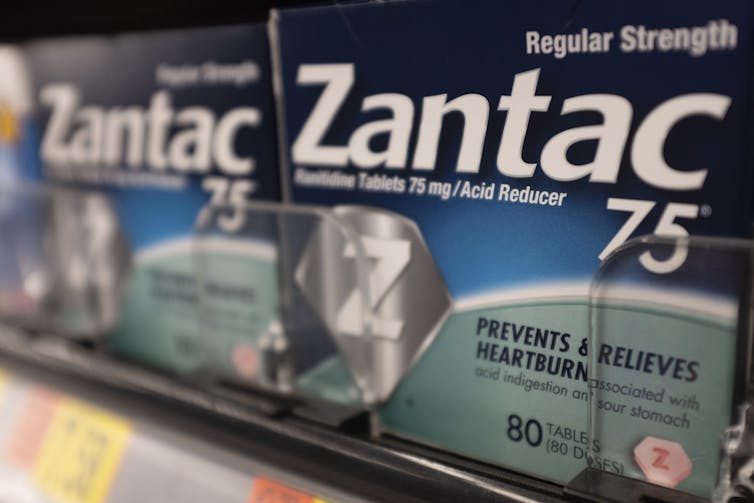 The drug Zantac on a drug store shelf.