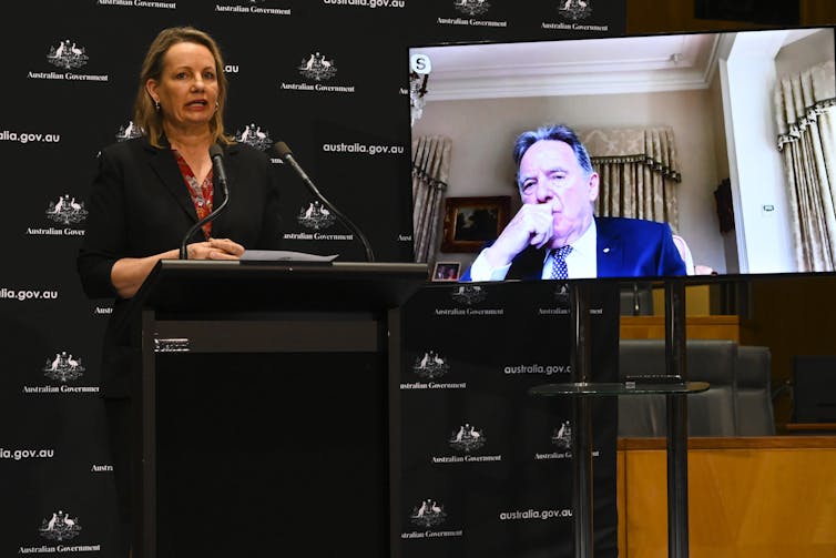 Sussan Ley behind a podium and Professor Graeme Samuel on screen behind her