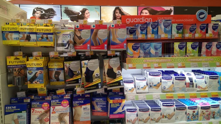 Bandages and dressings on supermarket shelf