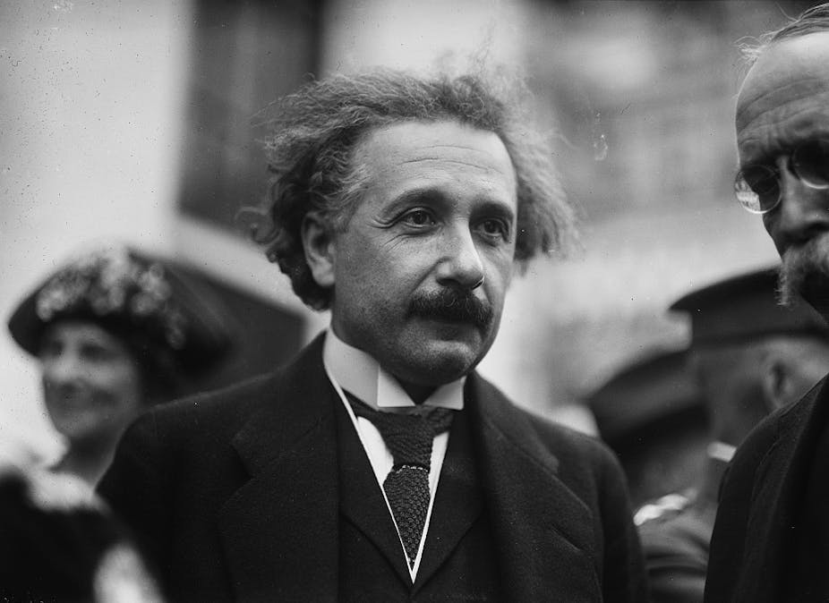 A black and white photo of Albert Einstein