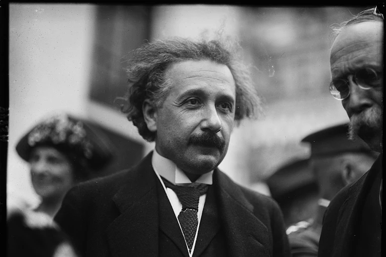 A black and white photo of Albert Einstein