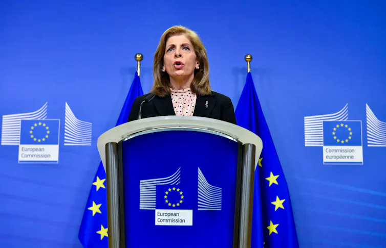 European Union commissioner for Health, Stella Kyriakides giving a press statement on vaccine deliveries.