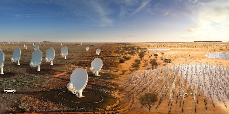 Artist's impression of the SKA: on the left multiple dishes scattered around representing SKA_MID and on the right a large collection of antennas representing SKA_LOW.
