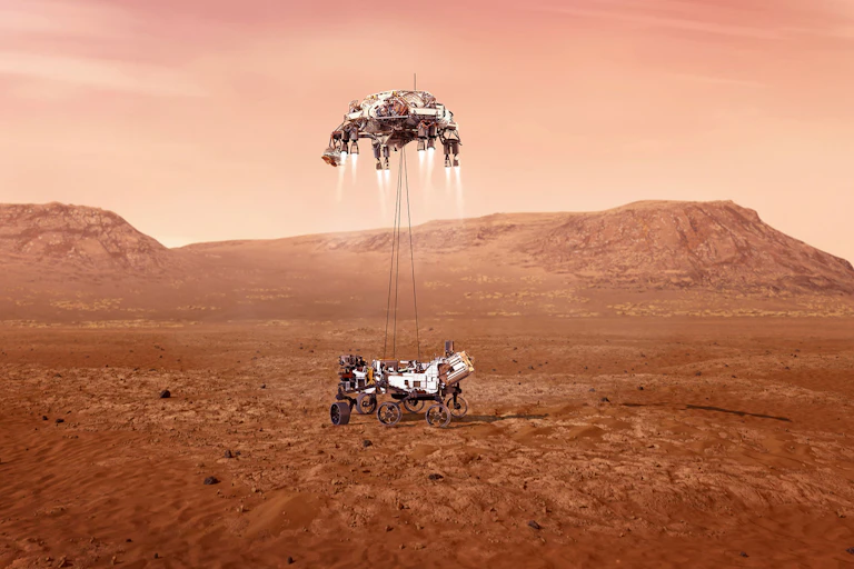 An illustration of NASA’s Perseverance rover landing on Mars.