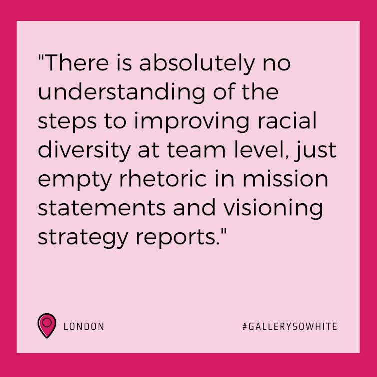 Black text on pink background reads: ‘There is absolutely no understanding of the steps to improving racial diversity at team level, just empty rhetoric in mission statements and visioning strategy reports’