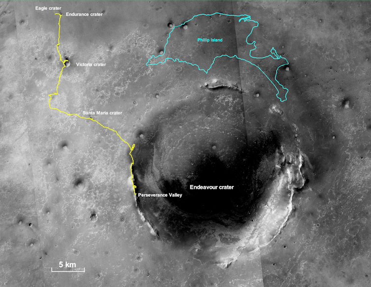 Opportunity’s journey mapped on an aerial view of Mars