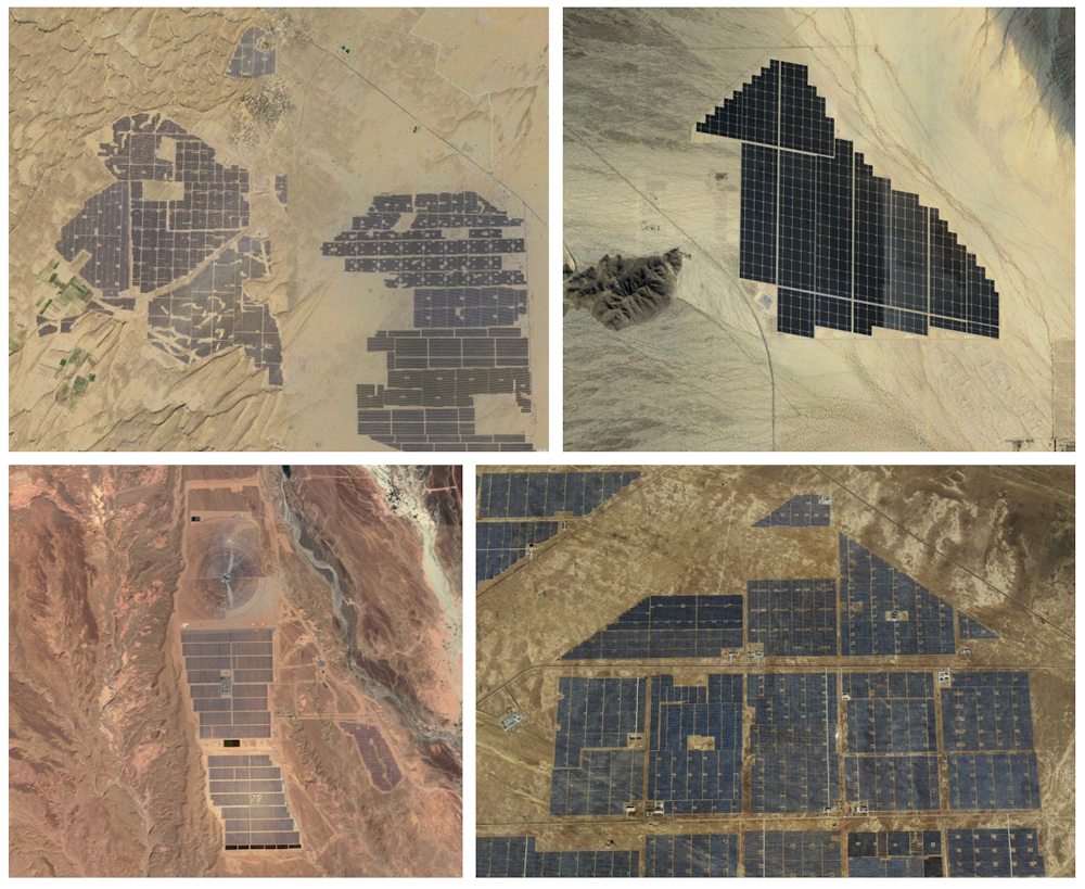 În sensul acelor de ceasornic din stânga sus: parcul solar Bhadla, India; Ferma solară Desert Sublight, SUA; Parcul solar Hainanzhou, China și parcul solar Ouarzazate, Maroc. Google Earth , Autor furnizat În sensul acelor de ceasornic din stânga sus: parcul solar Bhadla, India; Ferma solară Desert Sublight, SUA; Parcul solar Hainanzhou, China și parcul solar Ouarzazate, Maroc. Google Earth , Autor furnizat