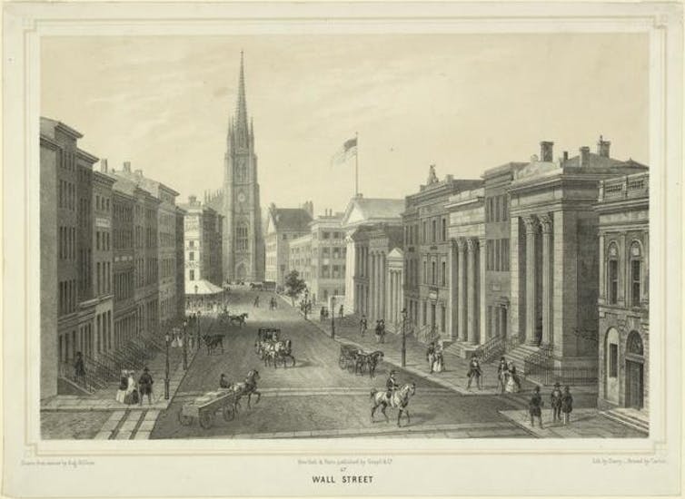 Black-and-white lithograph of a wide street lined with large buildings
