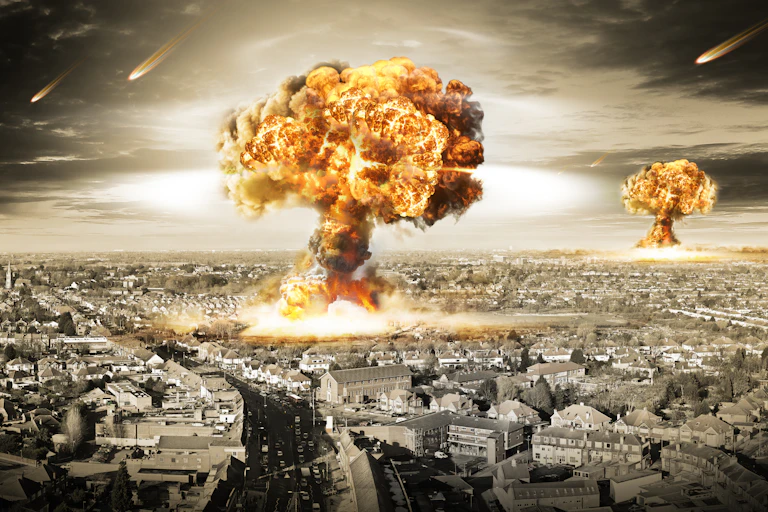 Bombardement nucléaire d'une ville, vue d'artiste