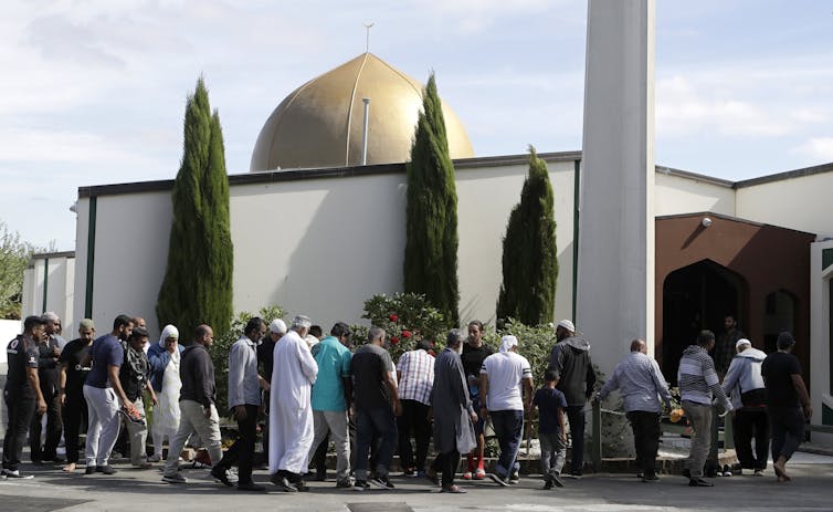 Worshippers outside the Al Noor mosque in Christchurch.